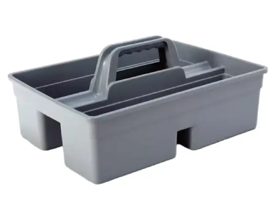 Plastic janitorial caddy box for cleaning supplies